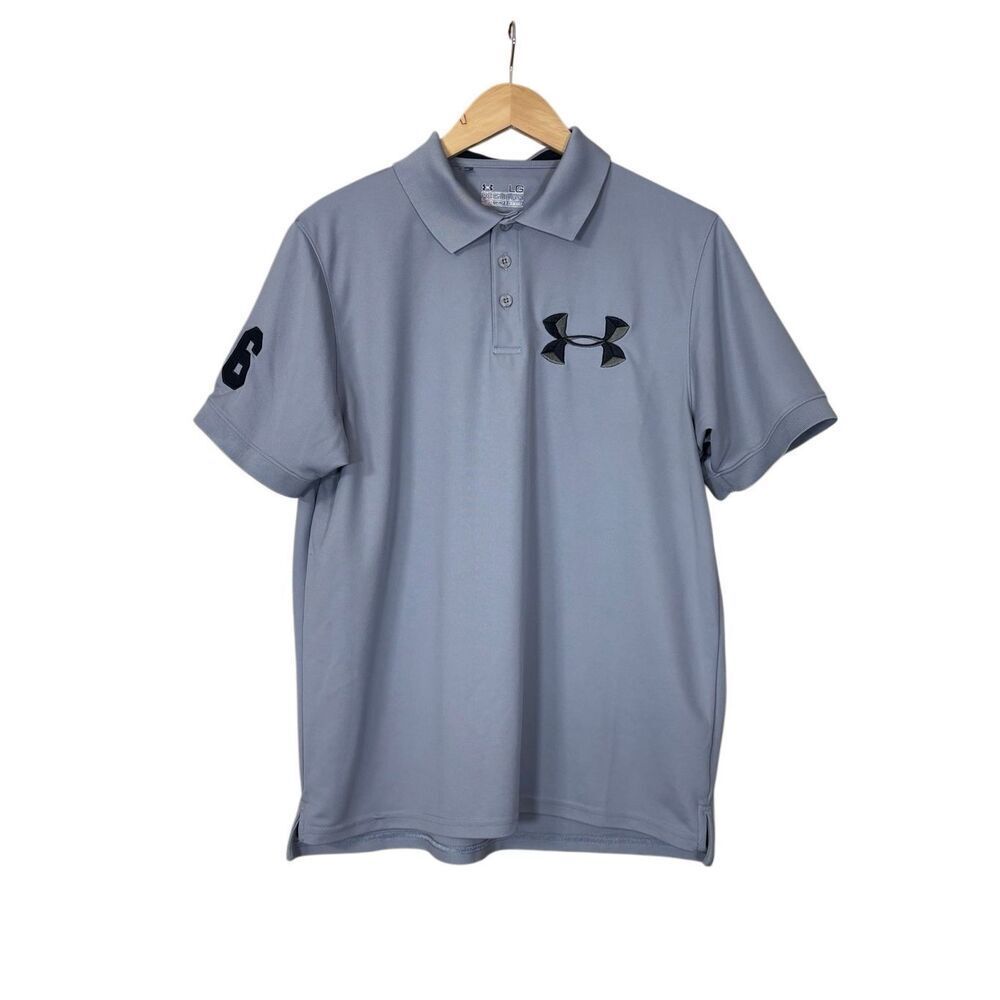 Under Armour Heat Gear Mens Large Activewear Large Logo Polo Shirt Gray Black 96